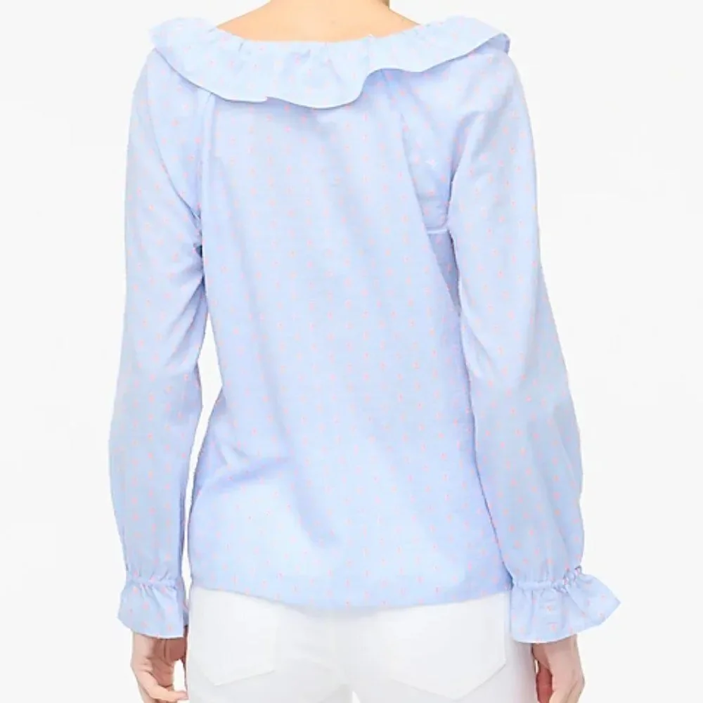 J Crew Cotton Printed Blue Top Women's Long-Sleeve Ruffle‎ Shirt Large Petite